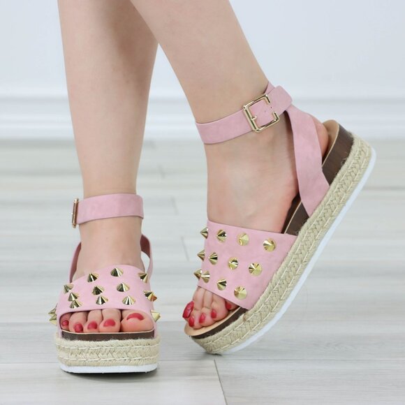 Pink Platform Espadrille Sandals Gold Studded Ankle Strap Open Toe - Picture 6 of 13